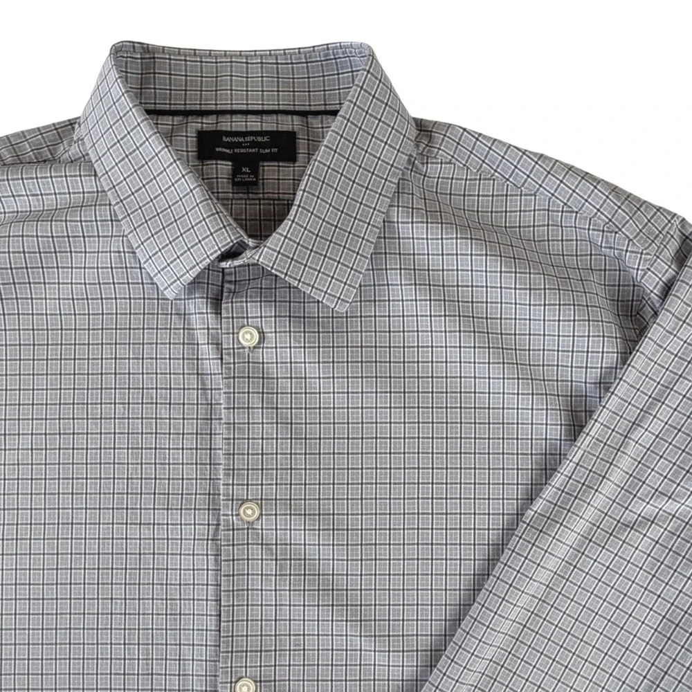 Banana Republic‎ Mens XL Wrinkle Resistant Slim Fit Dress Shirt Grey Plaid Grid